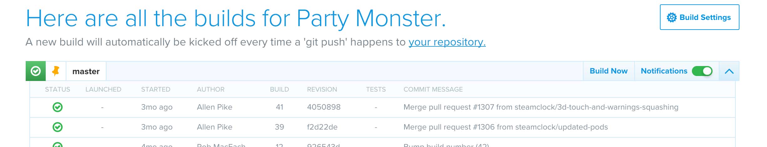 Screenshot of BuddyBuild's UI showing the most recent builds for Party Monster